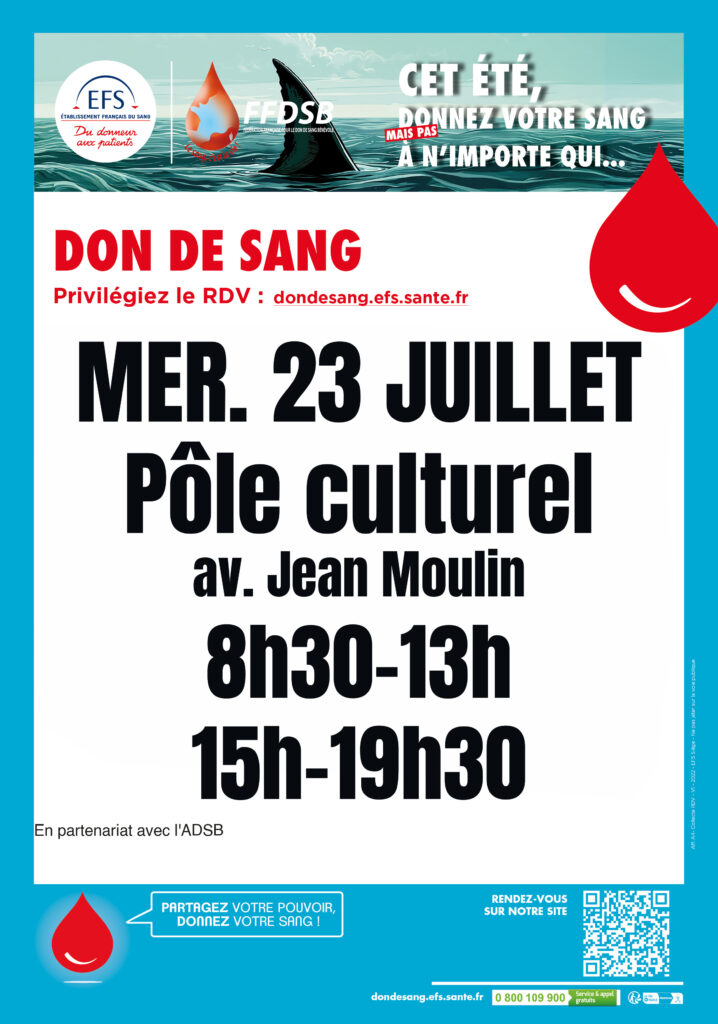 Don du sang à Cuers le mercredi 23 juillet 2025 au Pôle culturel (avenue jean Moulin) de 8h30 à 13h et de 15h à 19h30.  - Agrandir l'image, fenêtre modale